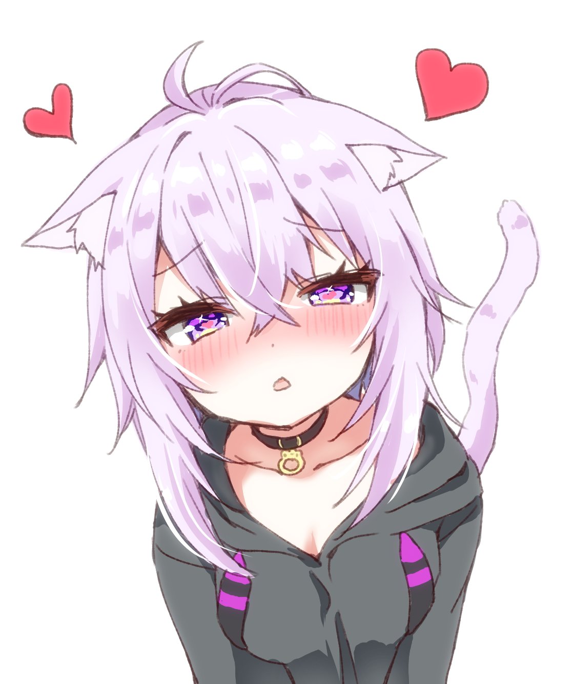 1girl ahoge animal_ear_fluff animal_ears bangs blush cat_ears cat_girl cat_tail collar commentary_request eyebrows_visible_through_hair heart highres hololive hood hood_down hoodie houshou_marine_(artist) nekomata_okayu purple_hair simple_background solo tail violet_eyes virtual_youtuber white_background