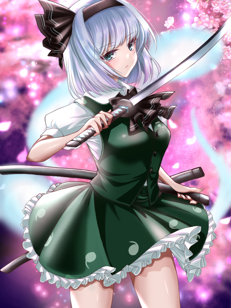 1girl black_hairband black_ribbon blurry blurry_background bob_cut breasts buttons cherry_blossoms closed_mouth collared_shirt commentary_request cowboy_shot eyebrows_visible_through_hair falling_petals flower green_eyes green_skirt green_vest hair_ribbon hairband hitodama hitodama_print holding holding_sword holding_weapon katana konpaku_youmu konpaku_youmu_(ghost) looking_at_viewer medium_breasts mktr_(princess_mktr) pink_flower puffy_short_sleeves puffy_sleeves ribbon shirt short_hair short_sleeves silver_hair skirt solo standing sword touhou vest weapon white_shirt