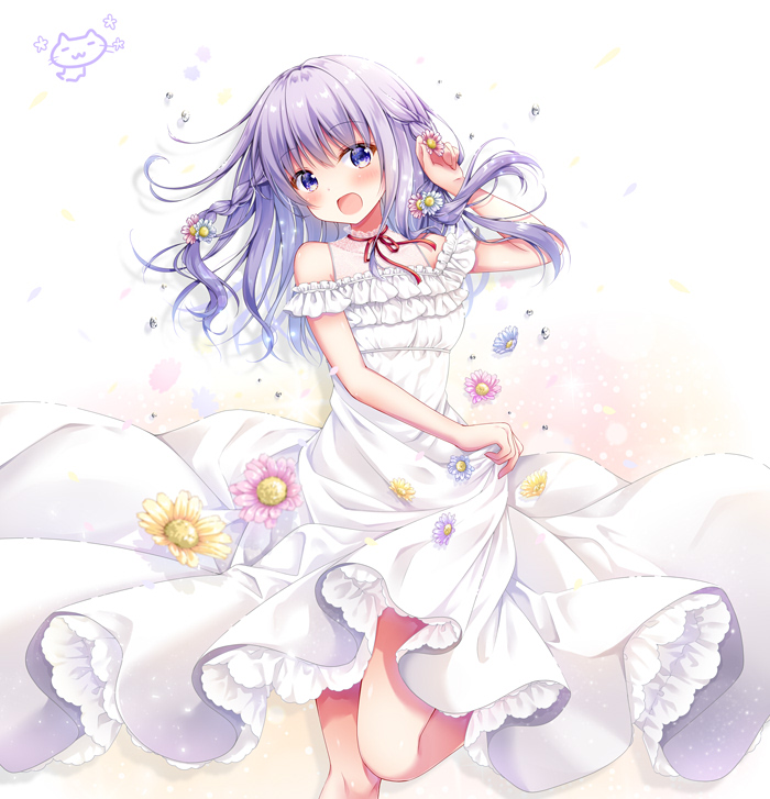 1girl :d bare_shoulders blue_flower blush braid commentary_request dress feet_out_of_frame flower frilled_dress frills hair_flower hair_ornament hand_up long_hair looking_at_viewer murasaki_(murasakiiro_no_yoru) off-shoulder_dress off_shoulder open_mouth original pink_flower purple_hair skirt_hold smile solo standing standing_on_one_leg violet_eyes white_background white_dress yellow_flower