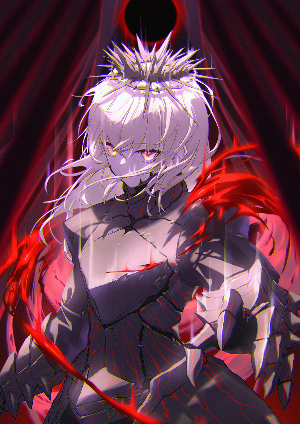 1girl armor artoria_pendragon_(all) breastplate claws closed_mouth crown fate/stay_night fate_(series) faulds floating_hair full_armor gauntlets highres holy_grail_(fate) long_hair looking_at_viewer pauldrons reaching_out red_theme saber_alter shoulder_armor solo standing white_hair white_skin whitem_(whiteemperor2020) yellow_eyes