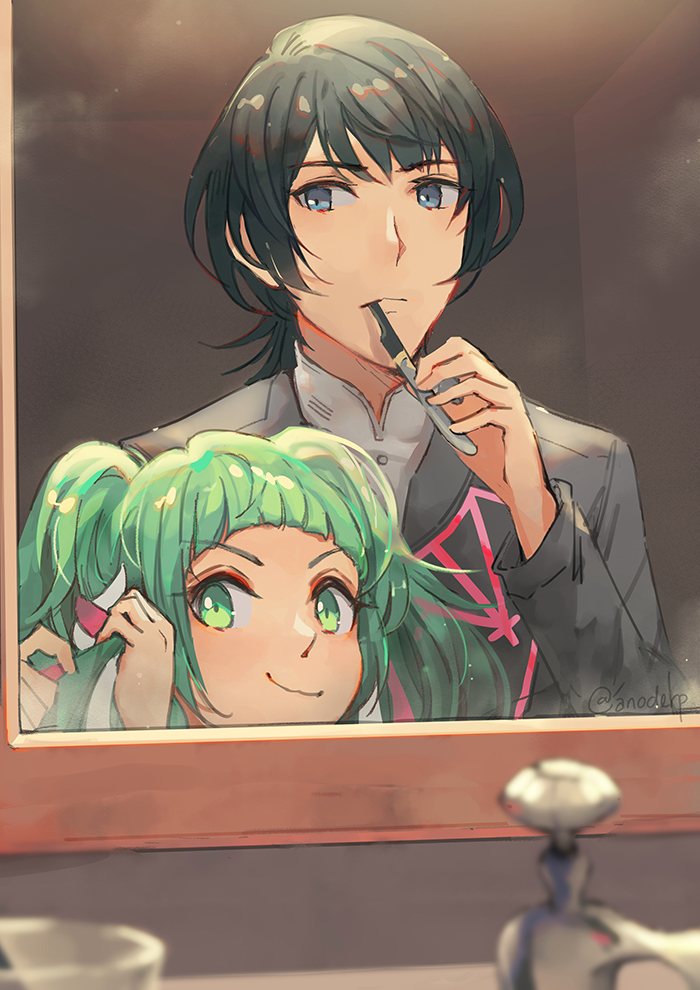 1boy 1girl adjusting_hair alternate_costume anocurry black_jacket blue_eyes blue_hair braid brushing_teeth byleth_(fire_emblem) byleth_eisner_(male) casual closed_mouth commentary english_commentary eyebrows_visible_through_hair fire_emblem fire_emblem:_three_houses green_eyes green_hair hair_between_eyes holding holding_toothbrush indoors jacket long_hair long_sleeves looking_at_viewer mirror mirror_image open_clothes open_jacket reflection ribbon_braid short_hair smile sothis_(fire_emblem) toothbrush twin_braids twitter_username