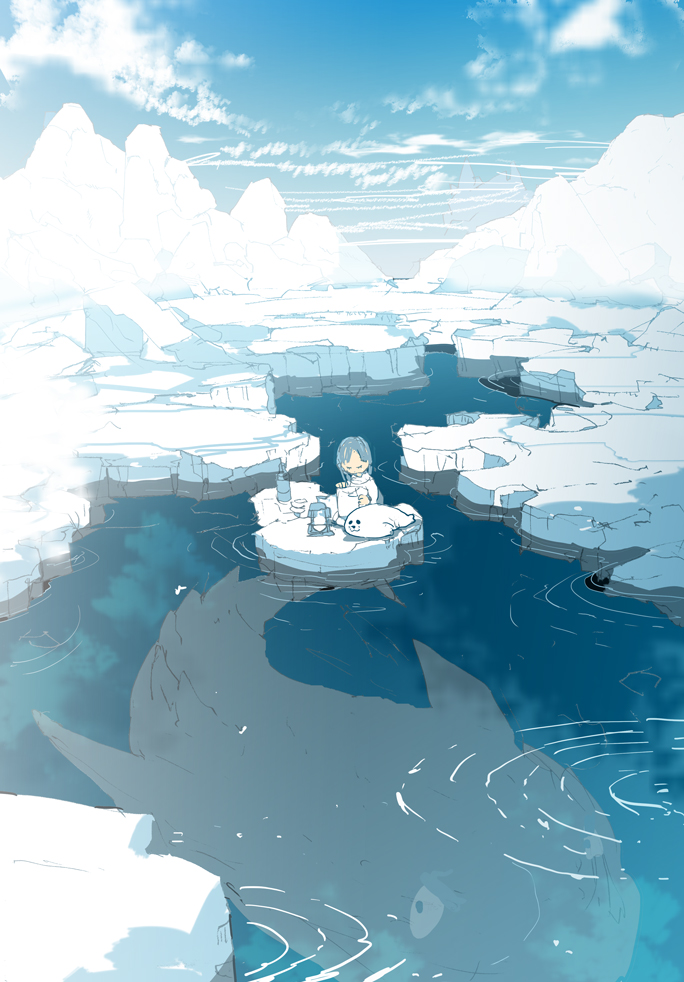 1other afloat closed_eyes clouds commentary_request day demizu_posuka fish ice iceberg lamp original outdoors ripples seal shirt sitting solo water white_shirt