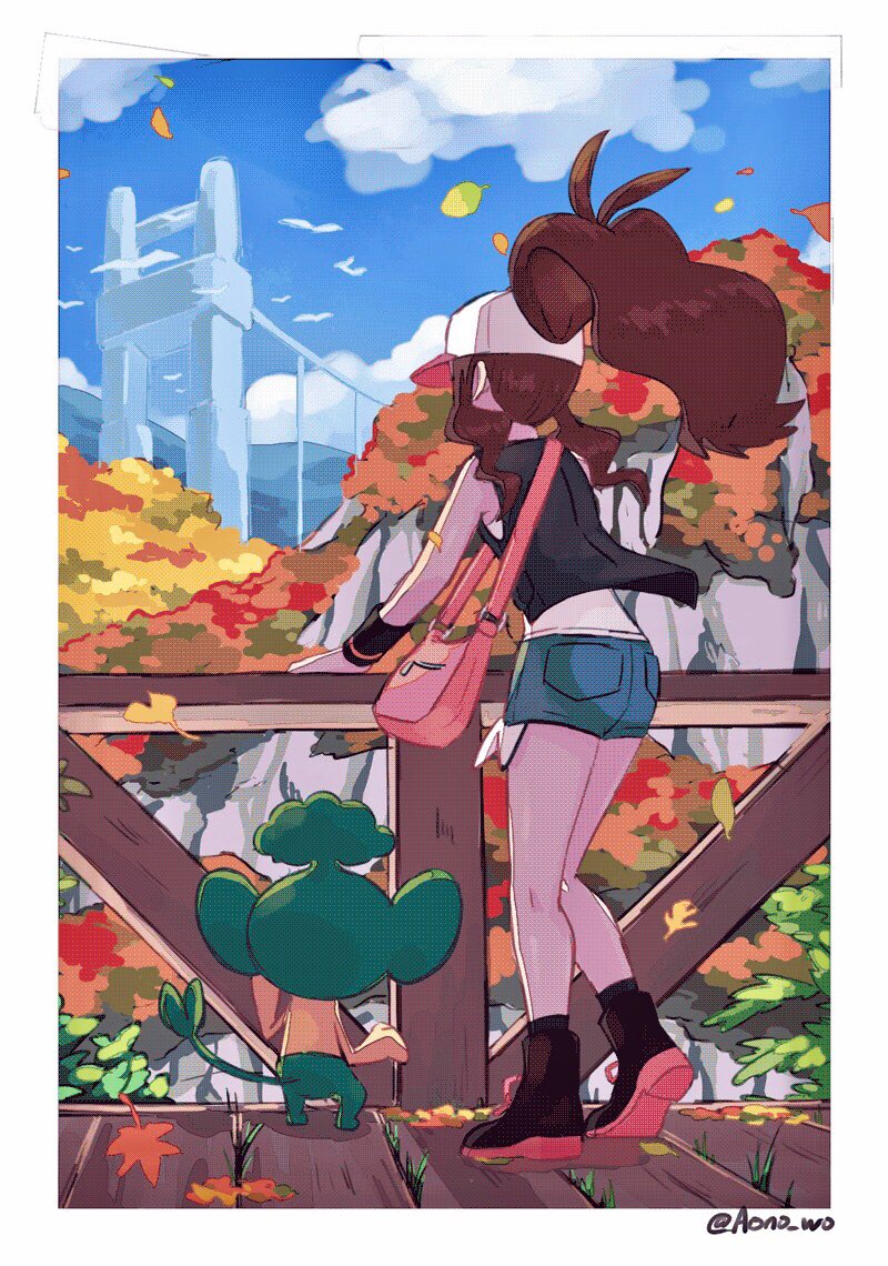 1girl aono_wo artist_name baseball_cap bird black_legwear black_vest black_wristband boots border brown_hair clouds commentary_request day fence from_behind gen_5_pokemon grass hat high_ponytail hilda_(pokemon) leaves_in_wind long_hair outdoors pansage pokemon pokemon_(creature) pokemon_(game) pokemon_bw short_shorts shorts sidelocks sky socks standing vest white_border wristband