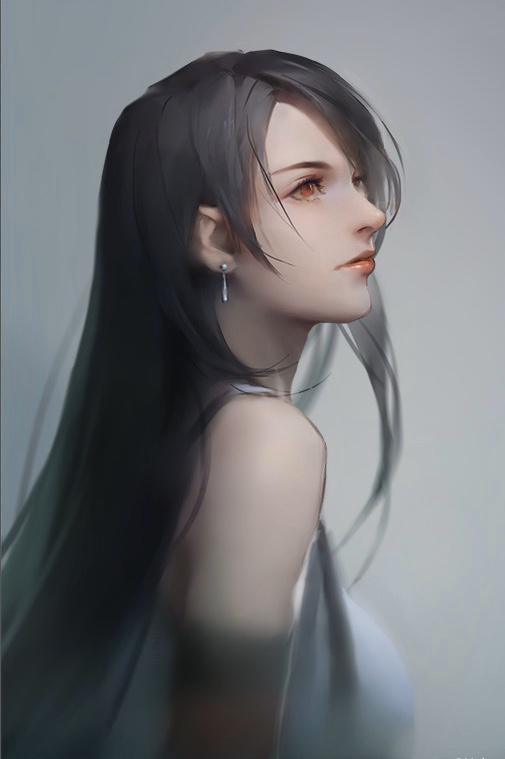 1girl bare_shoulders black_hair breasts earrings final_fantasy final_fantasy_vii jewelry large_breasts lips lipstick long_hair makeup moie red_eyes shirt solo_focus tifa_lockhart white_shirt