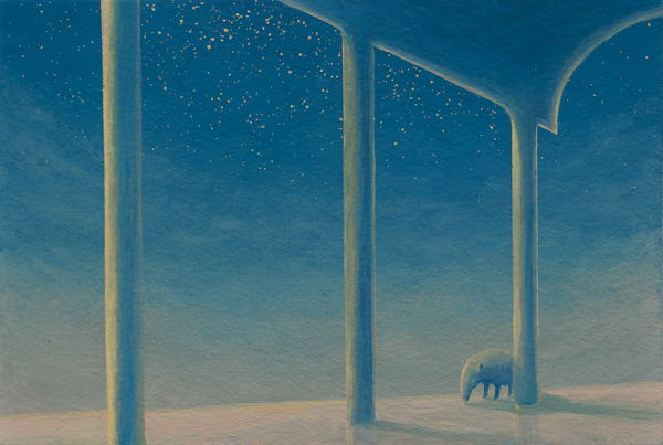 animal_ears clouds column_lineup commentary_request ebine_toshio english_commentary gouache_(medium) mixed-language_commentary night night_sky no_humans original outdoors scenery shadow sky standing star_(sky) starry_sky tapir tapir_ears traditional_media
