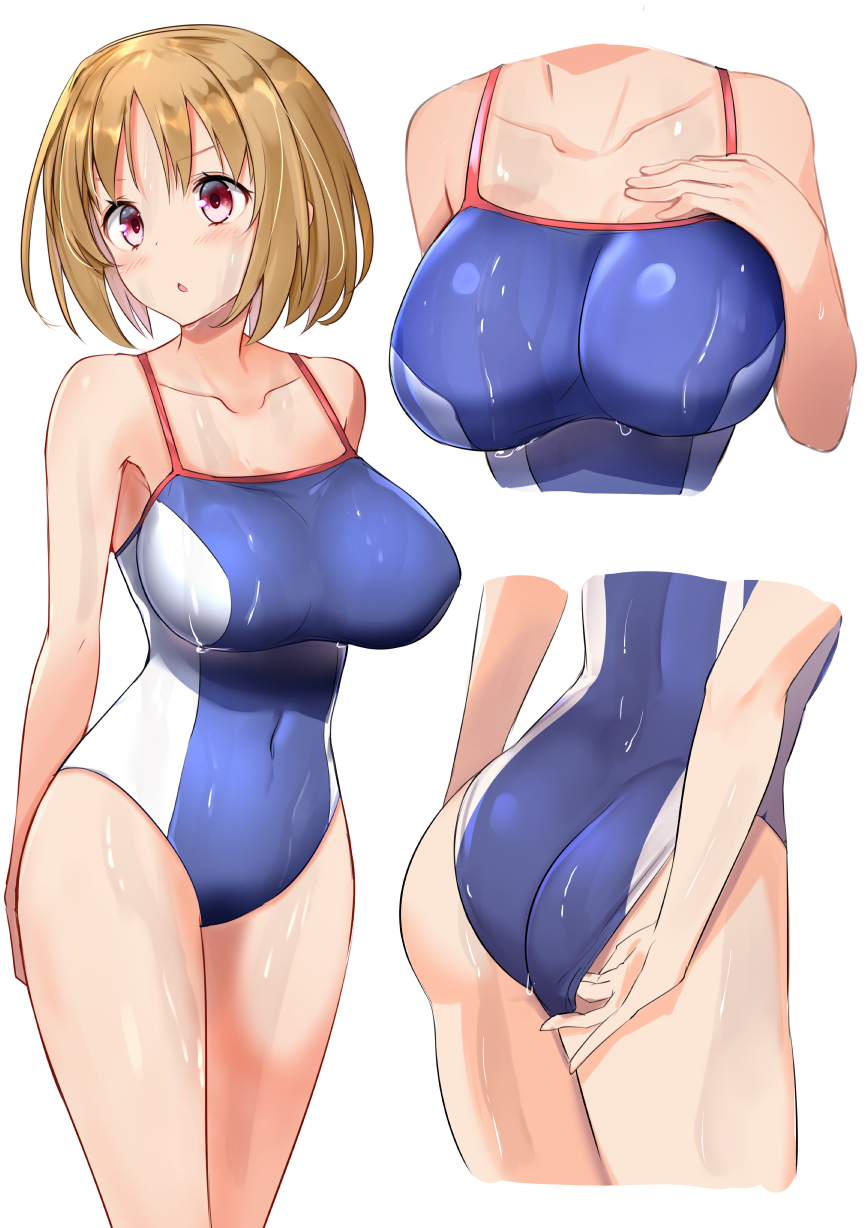 1girl ass blue_swimsuit blush breasts brown_hair collarbone commentary_request competition_swimsuit covered_navel highres kushida_kikyou large_breasts looking_to_the_side one-piece_swimsuit pink_eyes short_hair simple_background solo swimsuit thighs two-tone_swimsuit wet white_background white_swimsuit youkoso_jitsuryoku_shijou_shugi_no_kyoushitsu_e yuuzuki_(re'ef)
