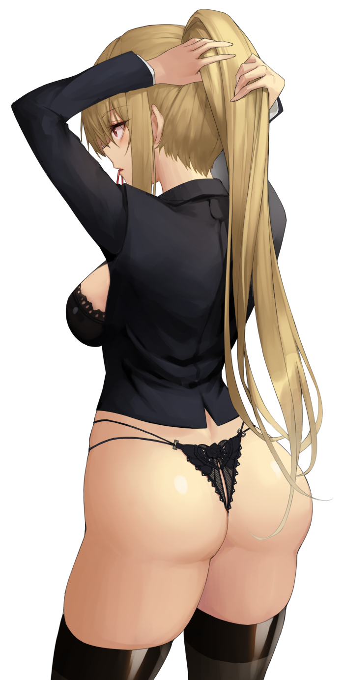 1girl arms_up ass bangs black_bra black_jacket black_legwear black_panties blonde_hair bra breasts character_request commission dungeon_and_fighter epomeno eyebrows_visible_through_hair hair_tie highres jacket large_breasts long_hair long_sleeves mouth_hold open_clothes open_jacket panties ponytail red_eyes sideboob sidelocks solo thigh-highs thighs tying_hair underwear