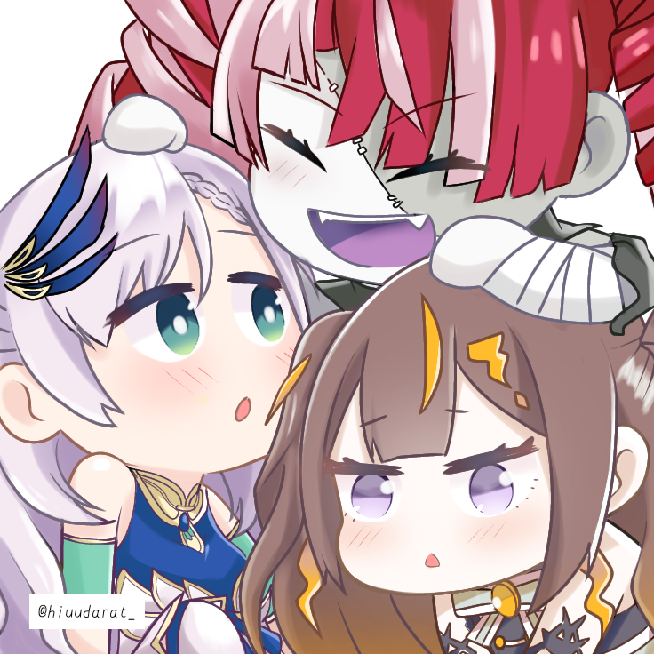 3girls :o anya_melfissa aqua_eyes bandaged_arm bandages bangs blonde_hair blunt_bangs bright_pupils brown_hair chibi closed_eyes double_bun eyebrows_visible_through_hair fangs feathers grey_hair hair_behind_ear hair_feathers hiudarat hololive hololive_indonesia indonesian_commentary kureiji_ollie light_blush looking_up multicolored_hair multiple_girls open_mouth pavolia_reine pink_hair purple_tongue redhead stitches streaked_hair two_side_up violet_eyes virtual_youtuber white_pupils zombie