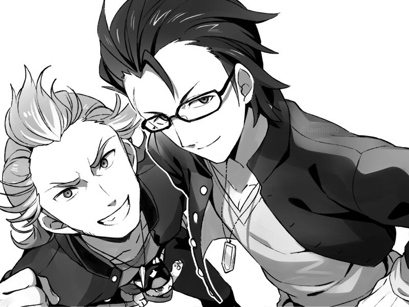 2boys akai_suzaku animal bangs buttons cat clenched_hand closed_mouth collarbone commentary_request glasses gloves grey_background greyscale grin hair_slicked_back idolmaster idolmaster_side-m jacket jewelry kurono_genbu long_sleeves looking_at_viewer male_focus monochrome multiple_boys necklace nyako_(idolmaster) open_clothes open_jacket pectorals sayshownen scar scar_on_face shiny shiny_hair shirt short_hair simple_background smile teeth twitter_username upper_body watermark