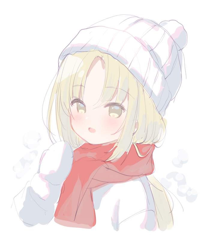 1girl :d bangs beanie blush brown_eyes cropped_torso enpera fur_trim hand_up hat jacket light_brown_hair long_hair long_sleeves meito_(maze) mittens open_mouth original parted_bangs red_scarf scarf smile solo upper_body white_background white_headwear white_jacket white_mittens