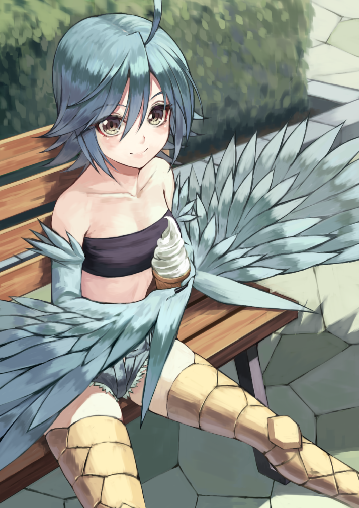 1girl ahoge atsuyah0310 bandeau bangs bare_shoulders bench blue_hair blue_wings breasts closed_mouth collarbone commentary day denim denim_shorts feathered_wings feathers food harpy ice_cream ice_cream_cone looking_at_viewer monster_girl monster_musume_no_iru_nichijou outdoors papi_(monster_musume) revision short_hair short_shorts shorts sitting smile solo talons wings