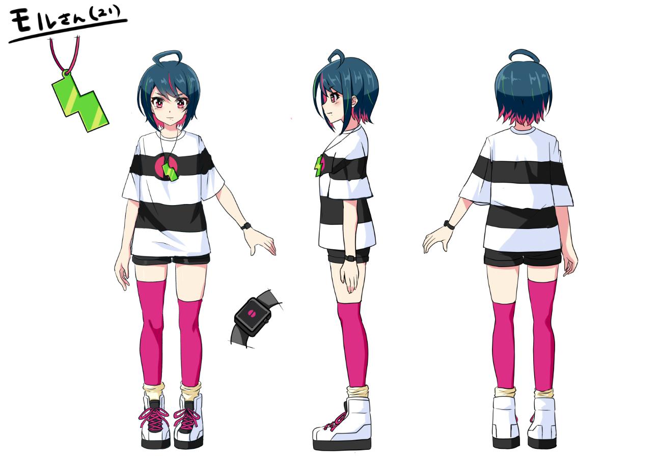 &gt;:) 1girl ahoge asymmetrical_legwear bangs black_hair black_shorts boots closed_mouth commentary_request eyebrows_visible_through_hair hair_between_eyes momoda_yasuhito multicolored_hair multiple_views original pink_hair pink_legwear shirt short_hair short_shorts shorts simple_background smile standing striped striped_shirt thigh-highs translation_request turnaround two-tone_hair v-shaped_eyebrows white_background white_footwear