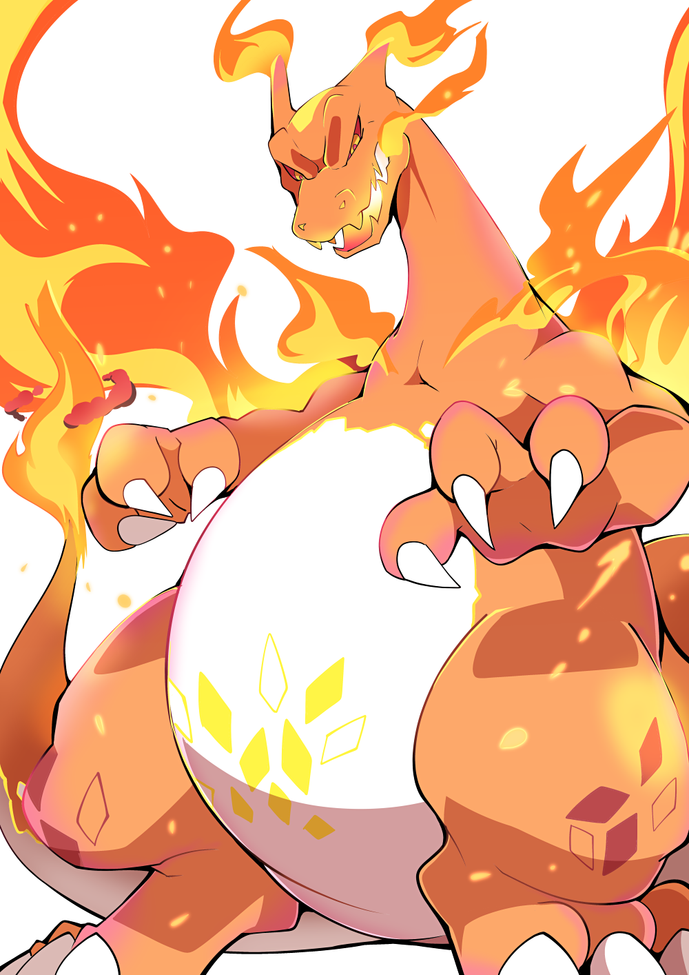 azuma_minatsu charizard commentary_request fire full_body gen_1_pokemon gigantamax gigantamax_charizard highres looking_at_viewer no_humans open_mouth pokemon pokemon_(creature) red_sclera simple_background solo standing white_background yellow_eyes