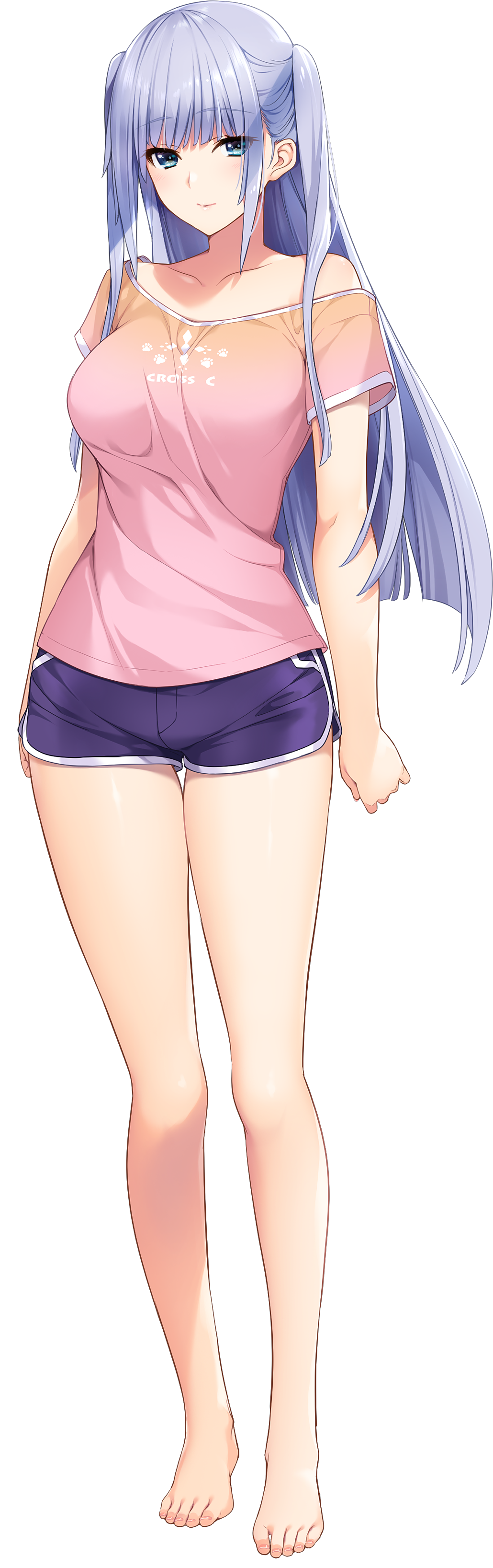 1girl absurdres arms_at_sides bangs bare_legs barefoot blue_eyes breasts closed_mouth dolphin_shorts eyebrows_visible_through_hair full_body game_cg highres iizuki_tasuku large_breasts light_purple_hair long_hair non-web_source off-shoulder_shirt off_shoulder shirt short_shorts shorts sidelocks simple_background smile solo standing suiren_to_shion tachi-e thigh_gap transparent_background two_side_up wakami_shion