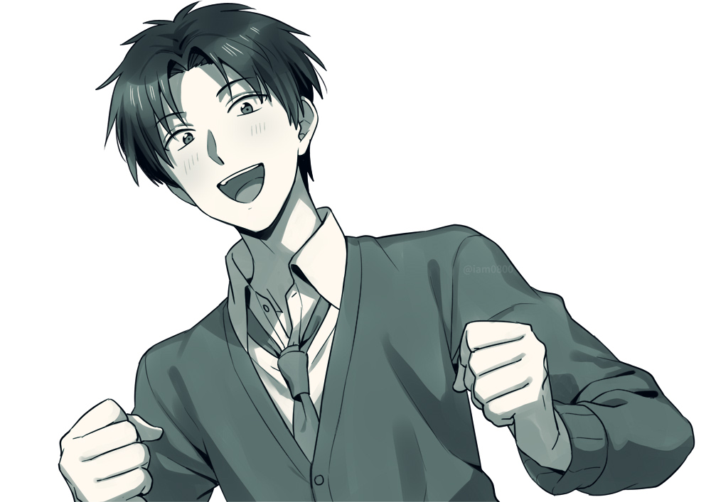 1boy :d bangs blush buttons clenched_hands collared_shirt commentary gekkan_shoujo_nozaki-kun grey_background happy jacket long_sleeves looking_at_viewer loose_necktie male_focus monochrome necktie open_mouth sayshownen school_uniform shirt short_hair simple_background smile solo twitter_username upper_body upper_teeth wakamatsu_hirotaka watermark