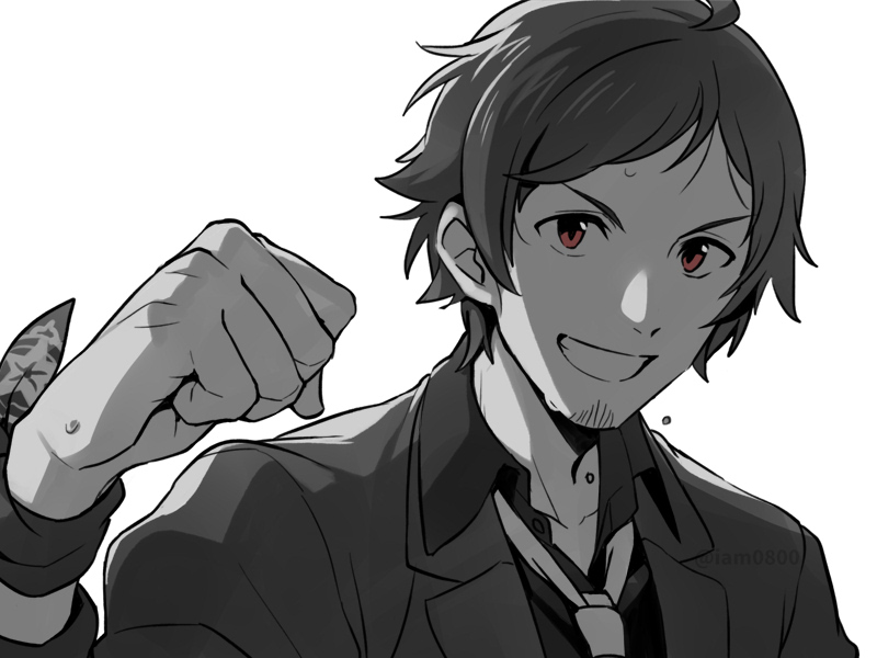 1boy bangs clenched_hand collarbone collared_shirt commentary_request facial_hair grey_background greyscale grin hand_up idolmaster idolmaster_side-m jacket long_sleeves looking_at_viewer loose_neckwear male_focus monochrome necktie red_eyes sayshownen shirt short_hair simple_background smile solo spot_color stubble sweat tendou_teru twitter_username upper_body watermark