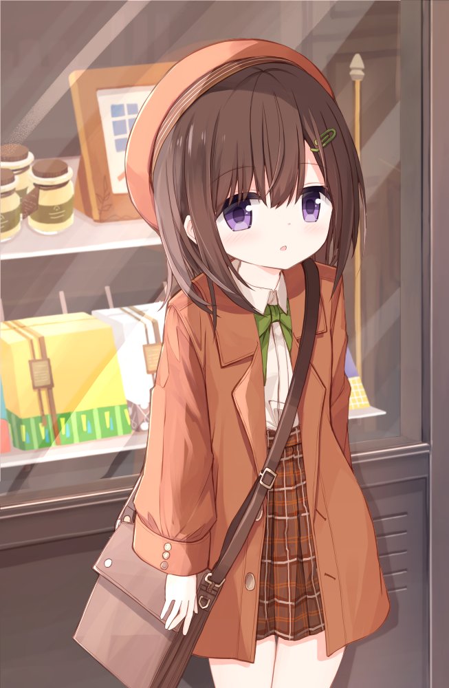 1girl :o bag bangs bow brown_hair brown_jacket brown_skirt collared_shirt commentary_request dress_shirt eyebrows_visible_through_hair green_bow hair_between_eyes hair_ornament hairclip jacket long_sleeves open_clothes open_jacket original parted_lips plaid plaid_skirt pleated_skirt shiho_(yuuhagi_(amaretto-no-natsu)) shirt shoulder_bag skirt solo standing violet_eyes white_shirt wide_sleeves yuuhagi_(amaretto-no-natsu)