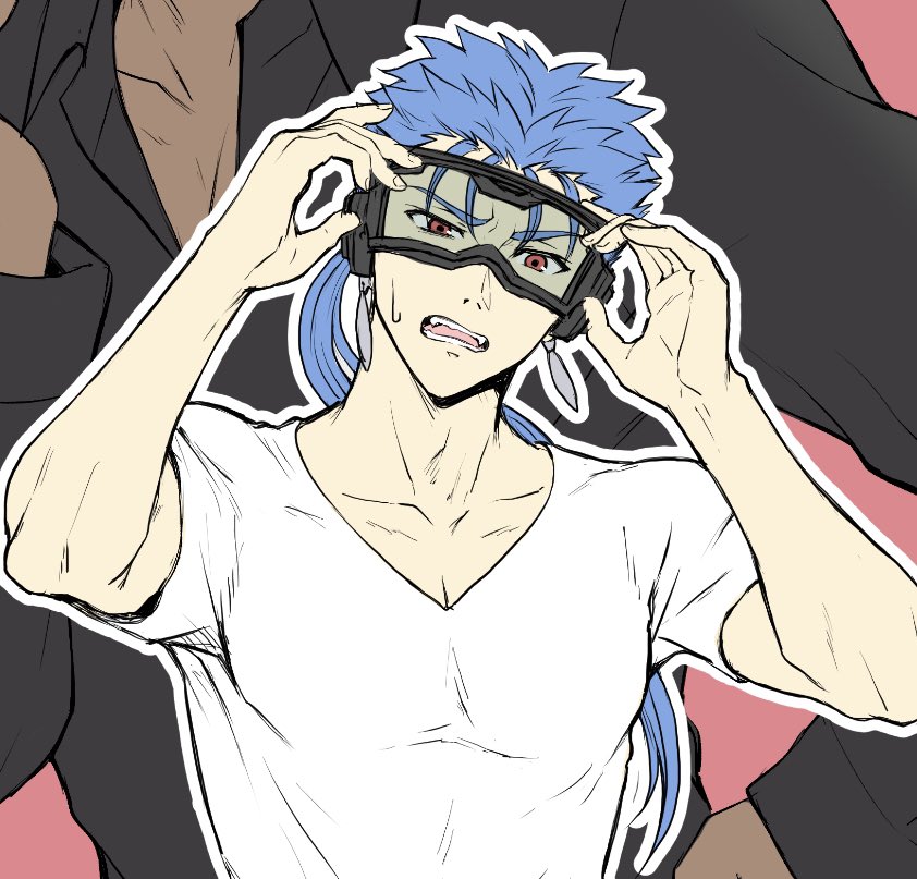 2boys archer blue_hair collarbone commentary_request cu_chulainn_(fate)_(all) dark_skin dark_skinned_male earrings fangs fate/stay_night fate_(series) goggles grey_shirt hands_up jewelry lancer long_hair looking_at_viewer male_focus mondi_hl multiple_boys open_mouth ponytail red_eyes shirt short_sleeves solo_focus t-shirt upper_body