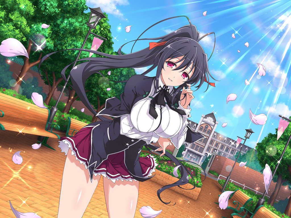 1girl bangs black_capelet black_hair black_neckwear black_ribbon blush breasts capelet corset crossover hair_ribbon high_school_dxd himejima_akeno kuoh_academy_school_uniform large_breasts long_hair long_ponytail looking_at_viewer parted_lips petals ponytail ribbon school_uniform senran_kagura senran_kagura_new_wave shirt sidelocks skirt smile solo very_long_hair violet_eyes white_shirt wings yaegashi_nan