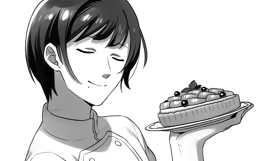 1boy bangs chef_uniform closed_eyes closed_mouth commentary_request facing_viewer food grey_background greyscale holding holding_plate idolmaster idolmaster_side-m male_focus mole mole_under_mouth monochrome plate sayshownen shinonome_souichirou shiny shiny_hair short_hair simple_background smile solo tart_(food) twitter_username upper_body watermark