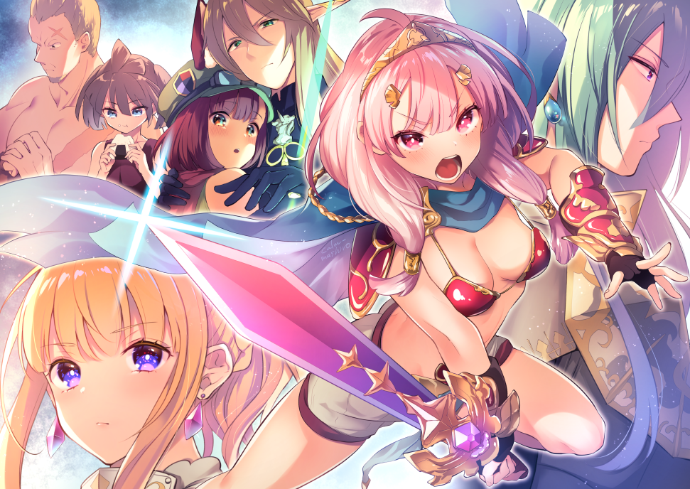 2boys 4girls angry animal_ears armor bikini bikini_armor blonde_hair breasts brown_eyes brown_hair calm_mashiro cestus_(sekaiju) character_request cosplay fingerless_gloves food gloves hair_between_eyes hero_(sekaiju) holding holding_sword holding_weapon hound_(sekaiju) looking_at_viewer multiple_boys multiple_girls onigiri open_mouth pink_eyes pink_hair princess_(sekaiju) rabbit_ears ranger_(sekaiju) ranger_(sekaiju)_(cosplay) red_bikini scar scar_on_face sekaiju_no_meikyuu sekaiju_no_meikyuu_x shirtless short_hair_with_long_locks shouting small_breasts swimsuit sword violet_eyes warlock_(sekaiju) weapon