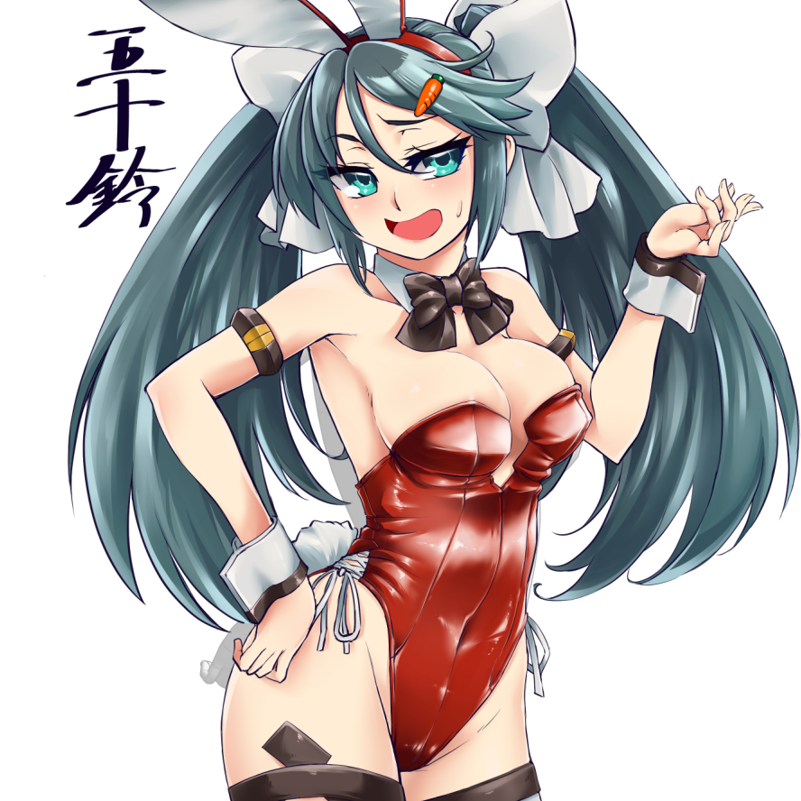 1girl animal_ears armband black_legwear black_neckwear blue_eyes bow bowtie breasts bunny_tail card carrot_hair_ornament character_name contrapposto cowboy_shot detached_collar fake_animal_ears food_themed_hair_ornament grey_hair hair_ornament hairclip isuzu_(kantai_collection) kantai_collection large_breasts leotard long_hair looking_at_viewer open_mouth playboy_bunny rabbit_ears red_leotard simple_background solo standing strapless strapless_leotard tail thigh-highs twintails uzuki_kosuke white_background wrist_cuffs
