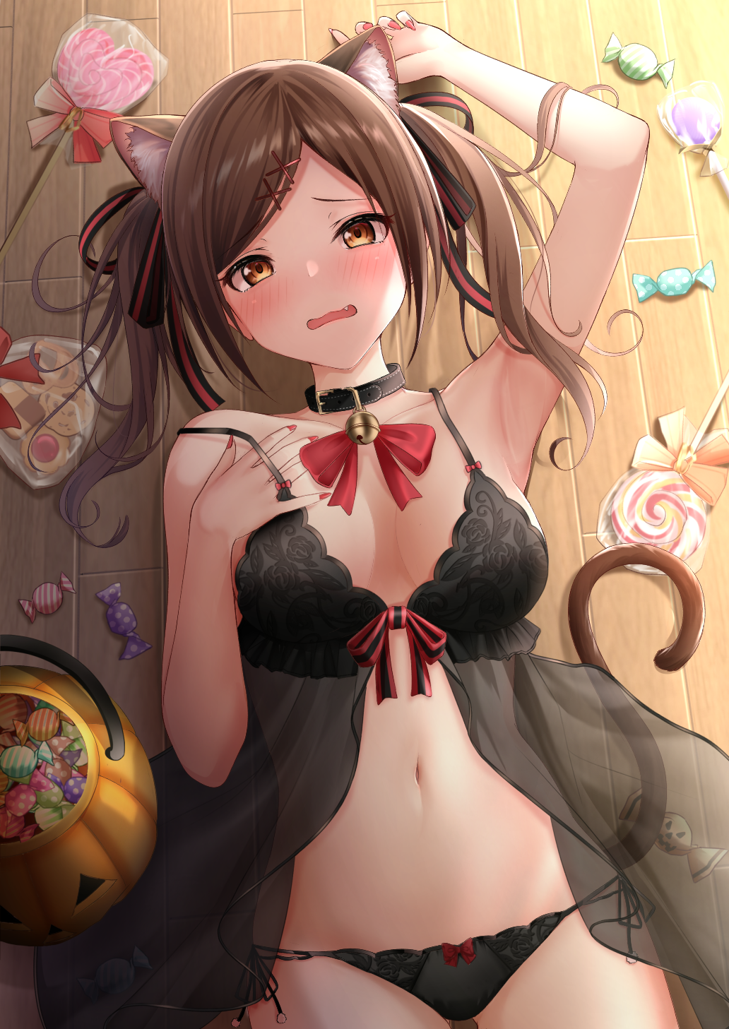 1girl animal_ears arm_up armpits babydoll bare_arms bare_shoulders black_choker black_panties breasts brown_eyes brown_hair candy cat_ears cat_girl cat_tail choker fang food halloween halloween_bucket highres karu_(qqqtyann) lingerie lollipop long_hair looking_at_viewer lying medium_breasts nail_polish navel on_back on_floor open_mouth original panties pumpkin red_nails revision see-through side-tie_panties solo stomach string_panties swirl_lollipop tail twintails underwear underwear_only wavy_mouth wooden_floor