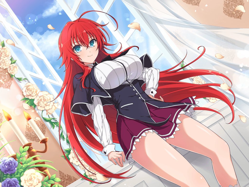 1girl ahoge bangs black_capelet black_neckwear black_ribbon blue_eyes breasts capelet corset crossover hair_ribbon hand_on_hip high_school_dxd indoors kuoh_academy_school_uniform large_breasts long_hair looking_at_viewer petals redhead rias_gremory ribbon school_uniform senran_kagura senran_kagura_new_wave shirt sidelocks skirt smile solo white_shirt window yaegashi_nan