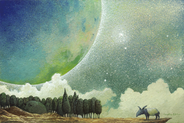 animal cliff clouds commentary_request dated ebine_toshio english_commentary mixed-language_commentary nature no_humans original outdoors scenery signature sky space star_(sky) starry_sky tapir tree