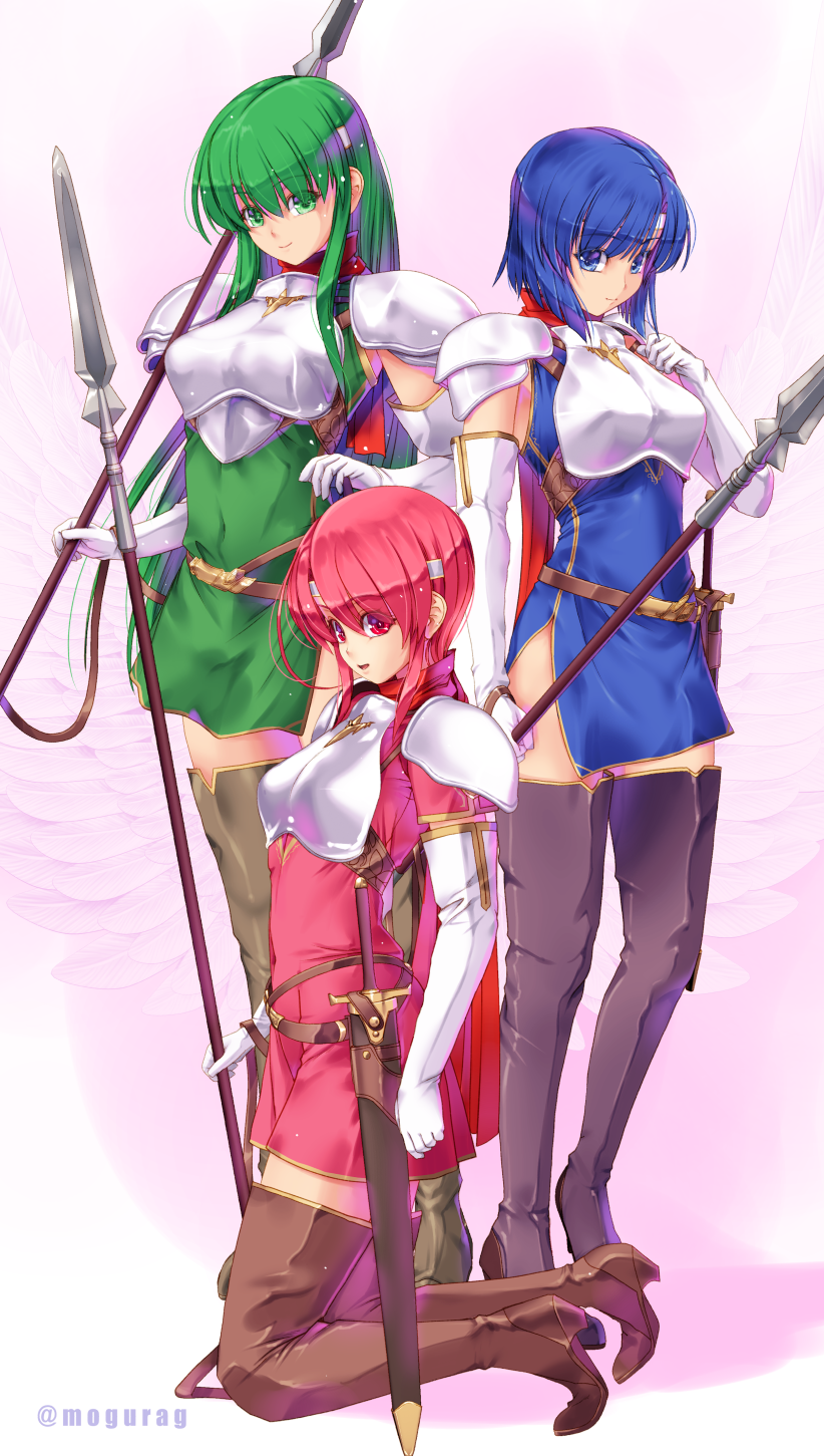 3girls armor bangs black_footwear blue_dress blue_eyes blue_hair boots breastplate brown_footwear catria_(fire_emblem) closed_mouth covered_navel dress elbow_gloves est_(fire_emblem) eyebrows_visible_through_hair eyes_visible_through_hair fire_emblem fire_emblem:_mystery_of_the_emblem full_body gloves green_dress green_eyes green_hair hair_between_eyes hand_up headband highres holding holding_spear holding_weapon kirishima_satoshi kneeling long_hair looking_at_viewer multiple_girls open_mouth palla_(fire_emblem) pegasus_knight pink_dress pink_eyes pink_hair polearm sheath sheathed short_dress short_hair short_sleeves shoulder_armor siblings side_slit sisters sleeveless sleeveless_dress smile spear standing straight_hair sword thigh-highs thigh_boots twitter_username very_long_hair weapon white_gloves zettai_ryouiki