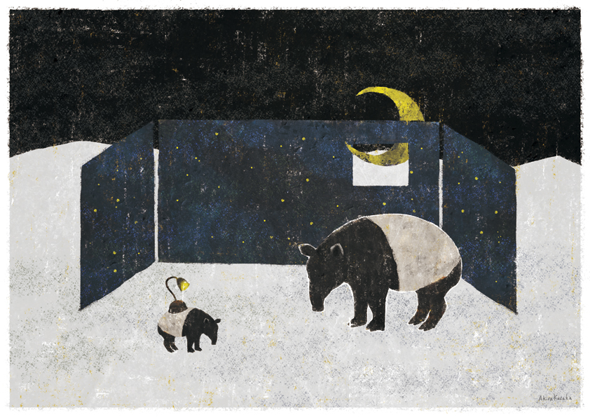 animal animal_focus black_sky border commentary_request crescent_moon kusaka_akira lamp moon night night_sky no_humans original scenery signature sky snow standing starry_sky_print tapir white_border window