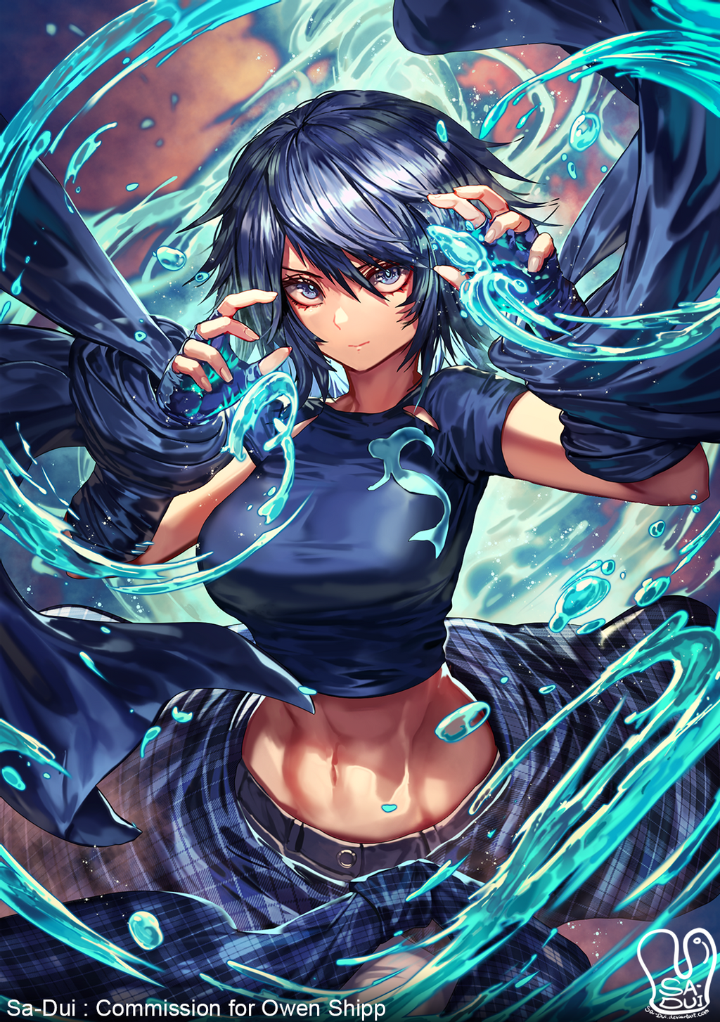 1girl abs artist_logo artist_name bangs belt blue_eyes blue_gloves blue_hair blue_shirt blue_skirt breasts character_request closed_mouth clothing_cutout commentary commission copyright_request cowboy_shot crop_top english_commentary english_text fingerless_gloves gloves hair_between_eyes highres hydrokinesis long_hair looking_at_viewer midriff navel plaid plaid_skirt sa-dui shirt short_hair short_sleeves signature skirt solo stomach taut_clothes taut_shirt toned water water_drop white_legwear