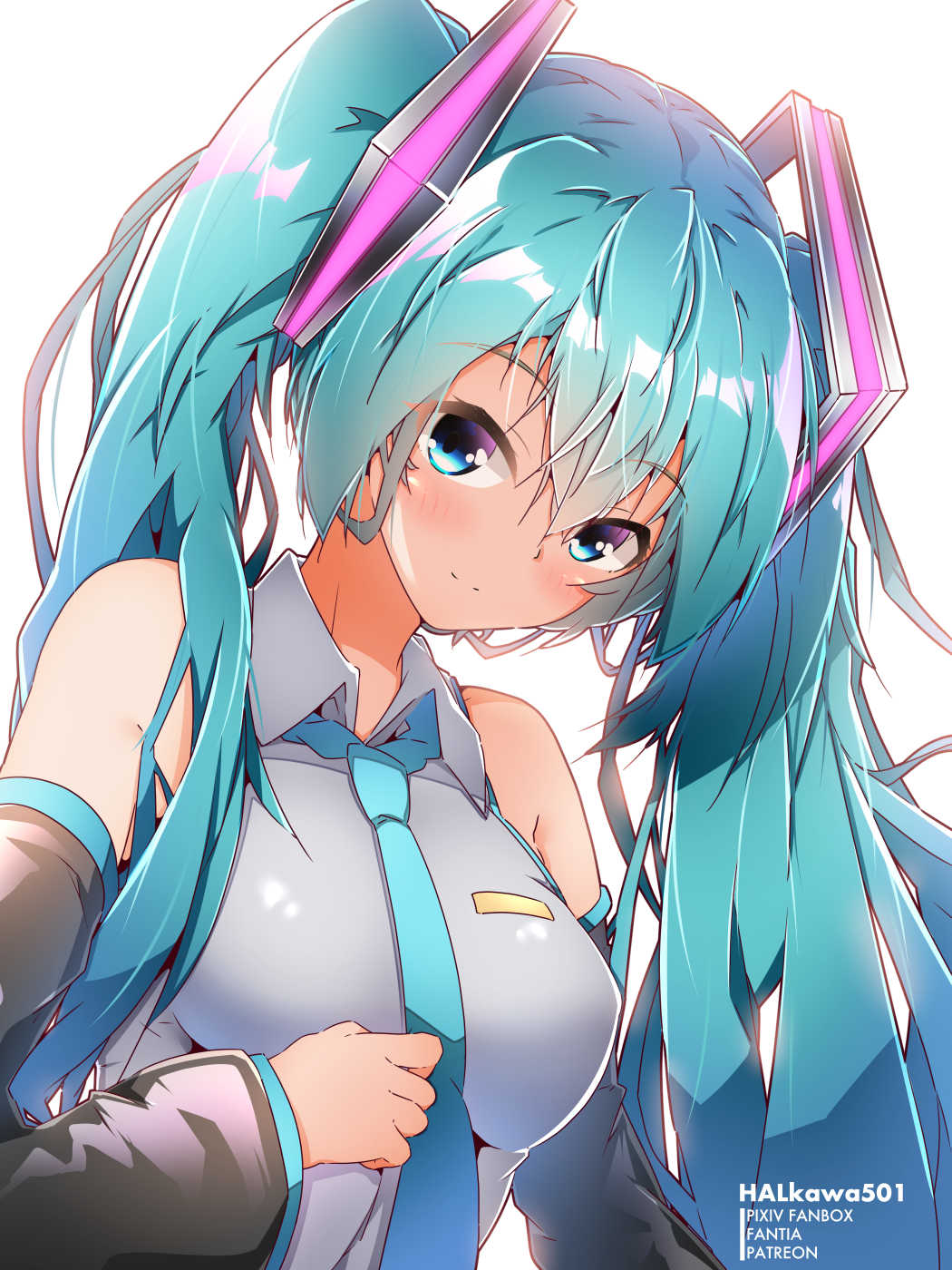 1girl aqua_eyes aqua_hair aqua_neckwear artist_name bare_shoulders black_sleeves bloom breasts commentary detached_sleeves grey_shirt hair_ornament harukawa_(hal501) hatsune_miku highres light_smile long_hair looking_at_viewer medium_breasts necktie shirt sleeveless sleeveless_shirt solo twintails upper_body very_long_hair vocaloid white_background