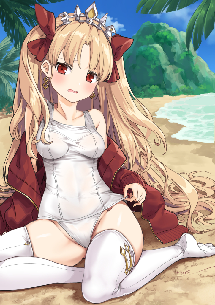 1girl bangs beach blonde_hair blue_sky blush bow breasts clouds collarbone commentary_request covered_navel day earrings ereshkigal_(fate/grand_order) eyebrows_visible_through_hair fate_(series) groin hair_bow jewelry long_hair looking_at_viewer no_shoes off_shoulder one-piece_swimsuit open_mouth outdoors palm_tree parted_bangs red_bow red_eyes ribbon sand school_swimsuit sitting skindentation sky solo swimsuit thigh-highs tree two_side_up tyone water white_legwear white_swimsuit