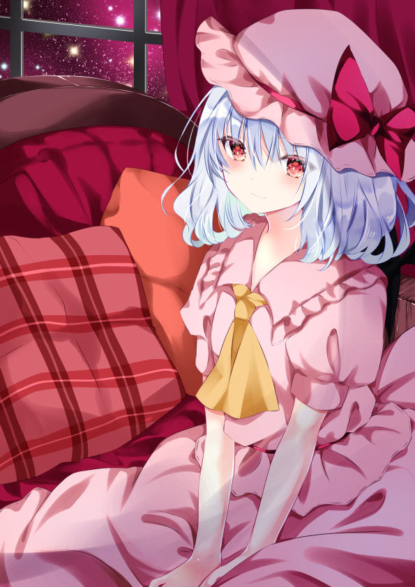1girl ascot bangs blue_hair blush bow closed_mouth collared_shirt curtains eyebrows_visible_through_hair frilled_shirt_collar frills hair_between_eyes hat hat_bow indoors mob_cap nanase_nao night pink_headwear pink_shirt pink_skirt plaid_pillow puffy_short_sleeves puffy_sleeves red_bow red_eyes remilia_scarlet shirt short_sleeves skirt smile solo touhou window yellow_neckwear