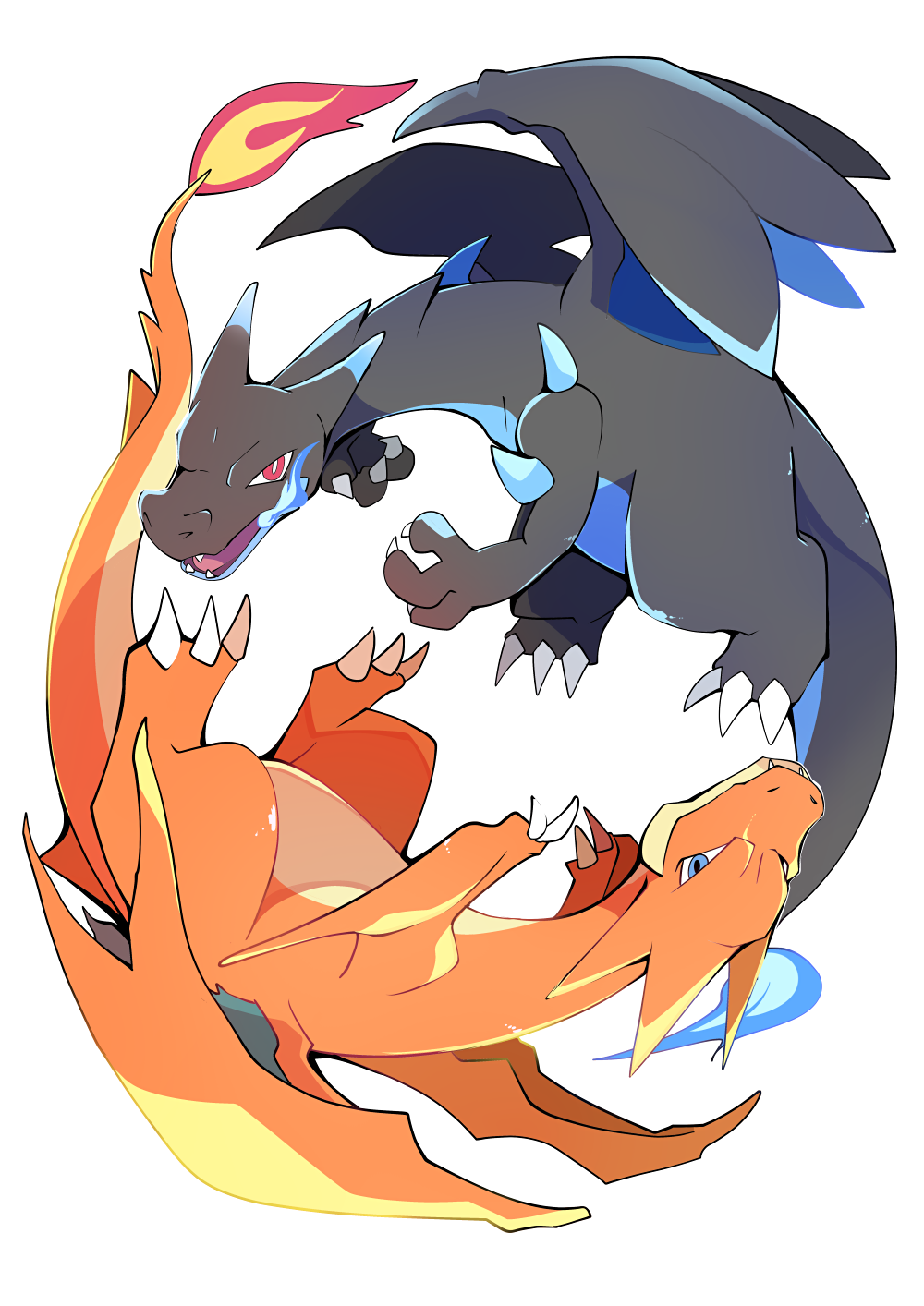 azuma_minatsu blue_eyes blue_fire charizard closed_mouth commentary_request fire full_body gen_1_pokemon grey_background highres looking_at_viewer mega_charizard_x mega_charizard_y mega_pokemon no_humans open_mouth pokemon pokemon_(creature) red_eyes simple_background