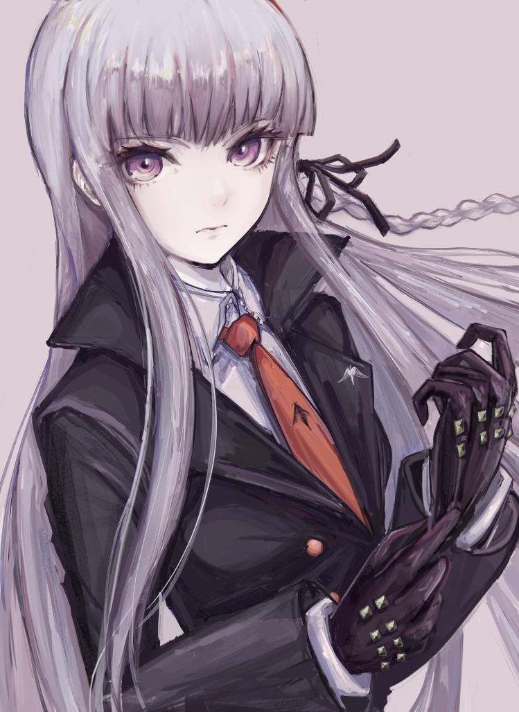 1girl adjusting_clothes adjusting_gloves akitsu_(davis0527dx) bangs black_gloves black_jacket black_ribbon blunt_bangs braid breasts closed_mouth commentary_request dangan_ronpa dangan_ronpa_1 formal gloves hair_ornament hair_ribbon jacket kirigiri_kyouko leather leather_gloves long_hair long_sleeves looking_at_viewer necktie purple_hair ribbon shirt side_braid simple_background single_braid skirt solo upper_body violet_eyes white_shirt