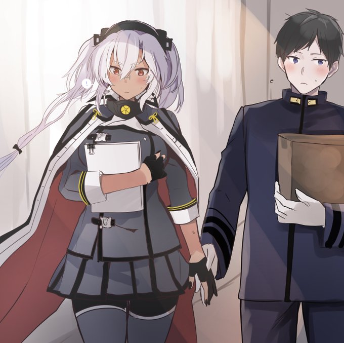 ! 1boy 1girl admiral_(kantai_collection) bangs black_gloves black_hair blue_eyes blush breasts cape commentary_request dark_skin dark-skinned_female eyebrows_visible_through_hair flying_sweatdrops glasses gloves hair_between_eyes headgear hetero holding holding_hands kantai_collection large_breasts long_hair low_twintails musashi_(kantai_collection) papers partially_fingerless_gloves pleated_skirt red_eyes remodel_(kantai_collection) skirt spoken_exclamation_mark sweat twintails white_gloves white_hair yunamaro