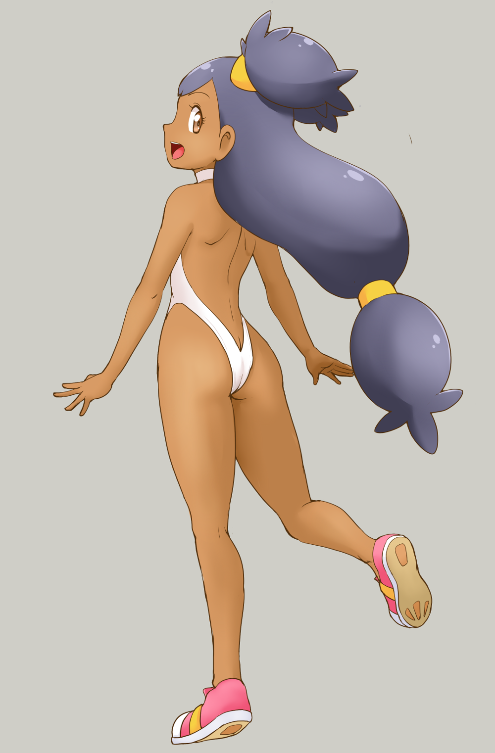 1girl ass back backless_outfit bangs big_hair black_hair brown_eyes dark_skin dark-skinned_female from_behind grey_background halterneck highleg highleg_leotard highres iris_(pokemon) leotard long_hair looking_at_viewer looking_back low-tied_long_hair open_mouth pink_footwear pokemon pokemon_(anime) pokemon_bw_(anime) shoes shoulder_blades simple_background sleeveless smile solo standing standing_on_one_leg tof two_side_up very_long_hair white_leotard