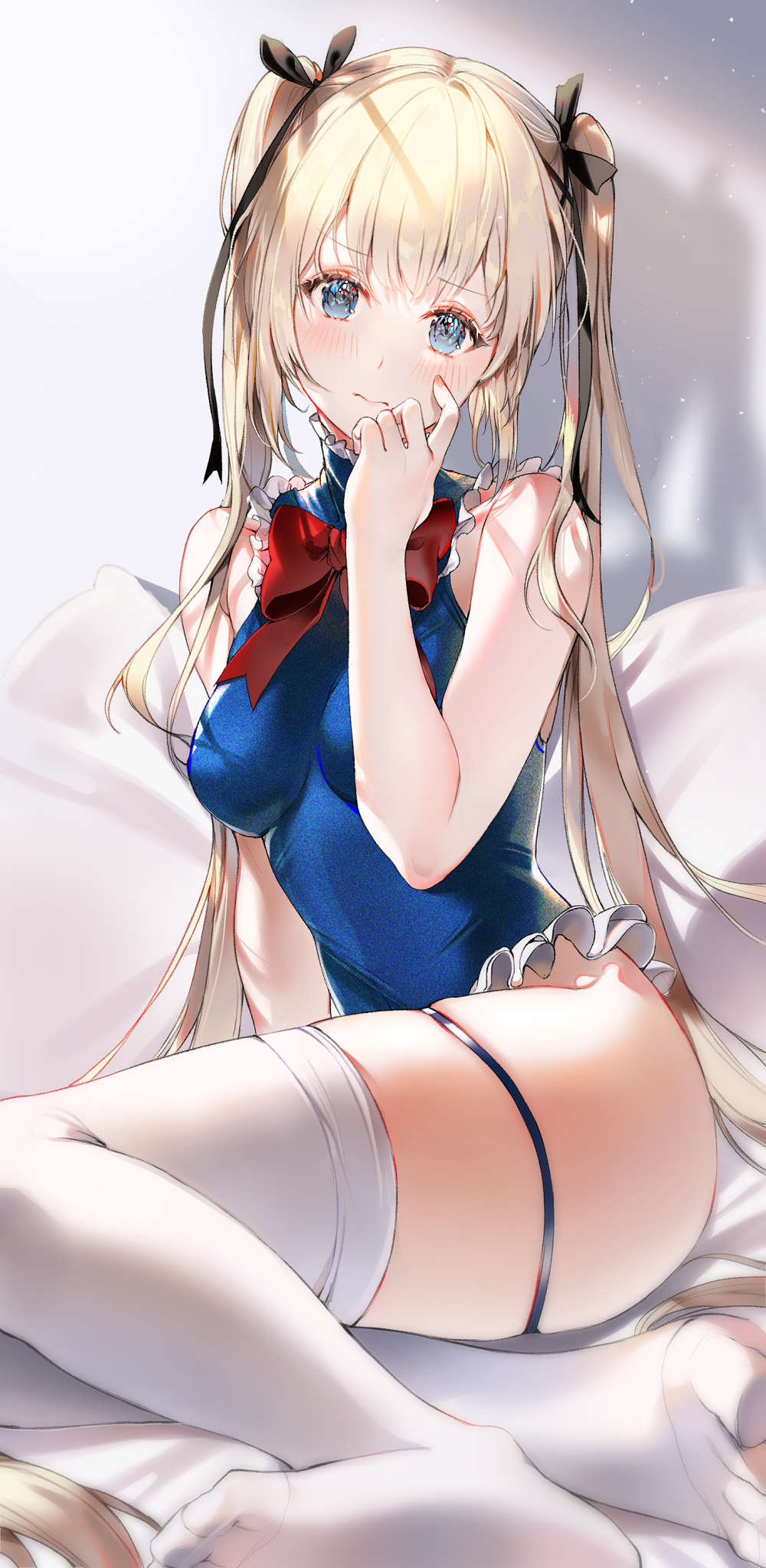 1girl 2sham arm_up azur_lane bangs bare_shoulders black_ribbon blonde_hair blue_eyes blue_leotard bow breasts closed_mouth commentary dead_or_alive eyebrows_visible_through_hair feet finger_to_cheek frills hair_ornament hair_ribbon highres leotard long_hair looking_at_viewer marie_rose medium_breasts no_shoes red_bow red_neckwear ribbon simple_background sitting skindentation solo thigh-highs thigh_strap thighs toes twintails white_background white_legwear