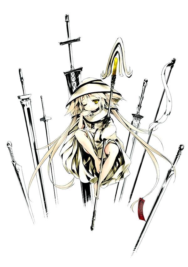 1girl barefoot eternity_sword_series floating hat hitomaru long_hair staff sword temorin twintails very_long_hair weapon yuukyuu_no_euphoria