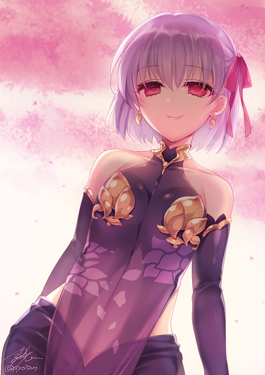 1girl armlet armor backlighting bangs bare_shoulders bikini_armor blush bracelet breasts collar detached_sleeves dress earrings fate/grand_order fate_(series) floral_print hair_ribbon jewelry kama_(fate/grand_order) looking_at_viewer metal_collar pelvic_curtain pink_ribbon pink_sky purple_dress purple_sleeves red_eyes revision ribbon sanom short_hair silver_hair small_breasts smile twilight