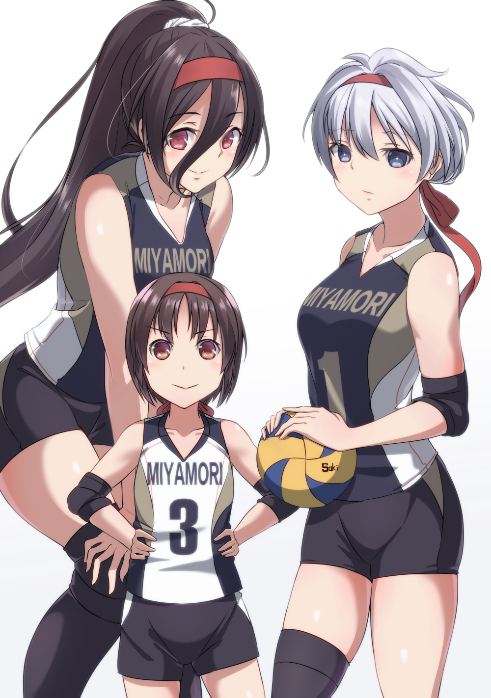 anetai_toyone black_hair black_legwear blue_eyes brown_hair elbow_pads hair_between_eyes hands_on_hips hands_on_own_knees headband height_difference highres kakura_kurumi kosegawa_shiromi leaning_forward long_hair long_legs looking_at_viewer multiple_girls ponytail red_eyes red_headband saki short_hair shorts sleeveless sportswear tall_female thigh-highs thighs volleyball white_background white_hair yamaori_(yamaorimon)