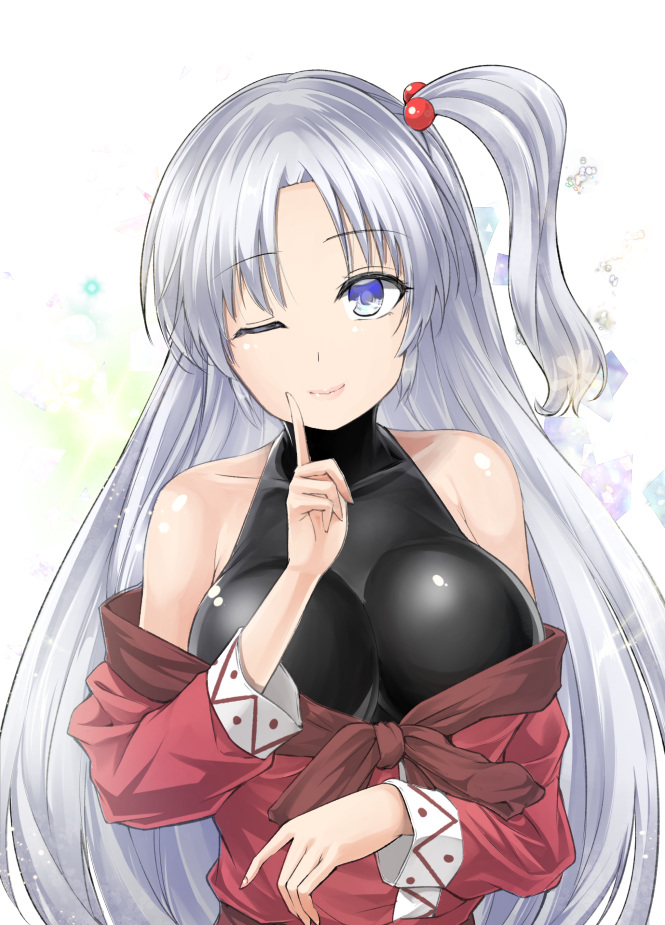 1girl bangs bare_shoulders blue_eyes blush breasts closed_mouth dress eyebrows_visible_through_hair hair_bobbles hair_ornament index_finger_raised large_breasts lips long_hair long_sleeves looking_at_viewer off_shoulder one_eye_closed one_side_up red_dress shinki_(touhou) silver_hair smile solo touhou upper_body very_long_hair y2