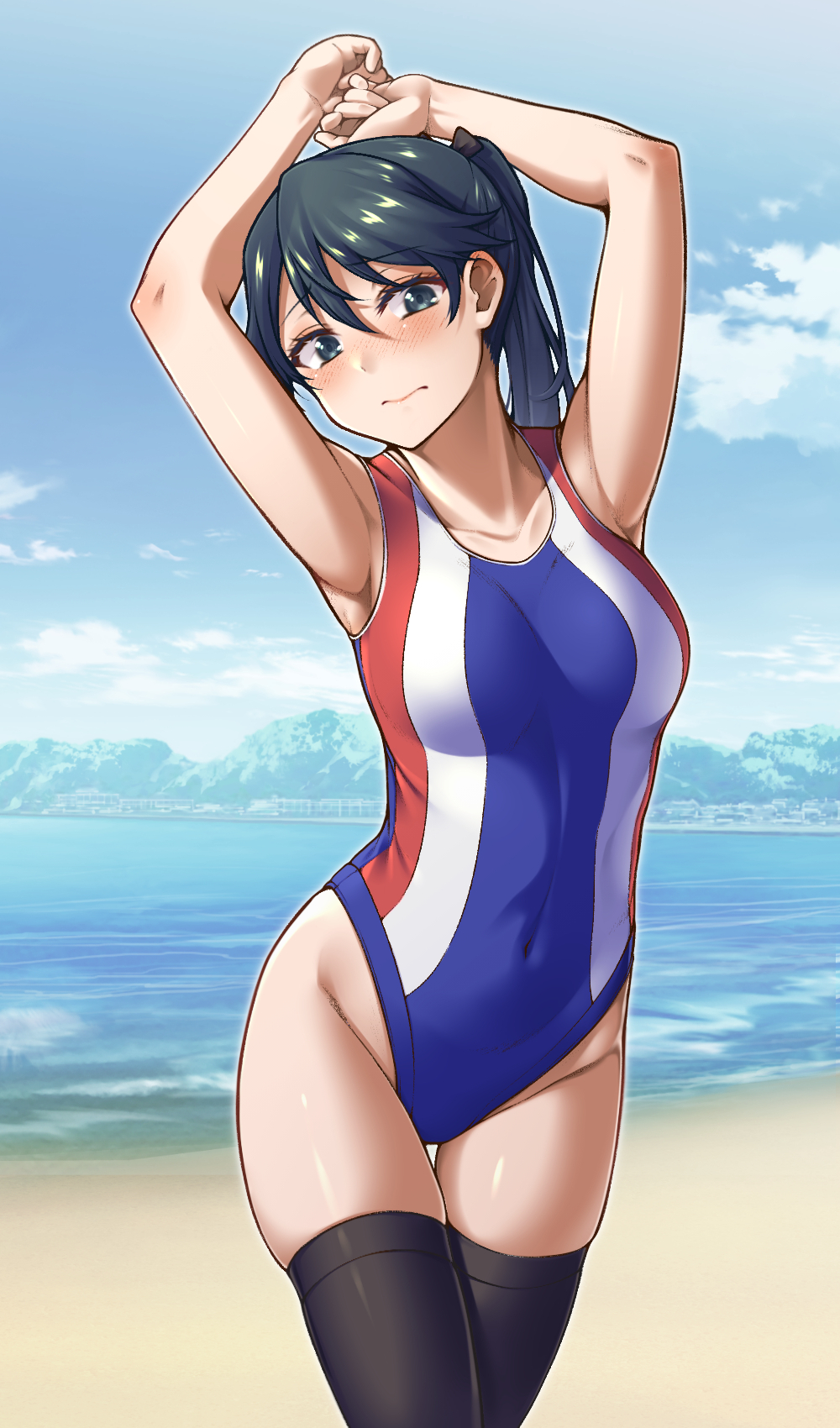 1girl arms_up bangs beach blue_eyes blue_hair blush breasts closed_mouth clouds commentary_request covered_navel day hair_between_eyes hair_ribbon highres houshou_(kantai_collection) kantai_collection long_hair medium_breasts multicolored multicolored_clothes multicolored_swimsuit ocean one-piece_swimsuit outdoors ponytail ribbon skindentation sky solo swimsuit thigh-highs water yuki_to_hana