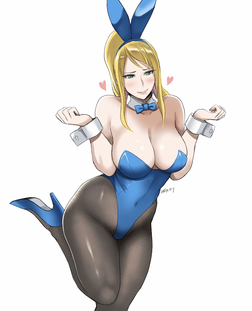 1girl animal_ears blonde_hair blush breasts commentary_request covered_navel cuffs green_eyes heart high_heels large_breasts long_hair metroid mole mole_under_mouth pantyhose ponytail rabbit_ears samus_aran shibusun signature simple_background solo white_background zero_suit