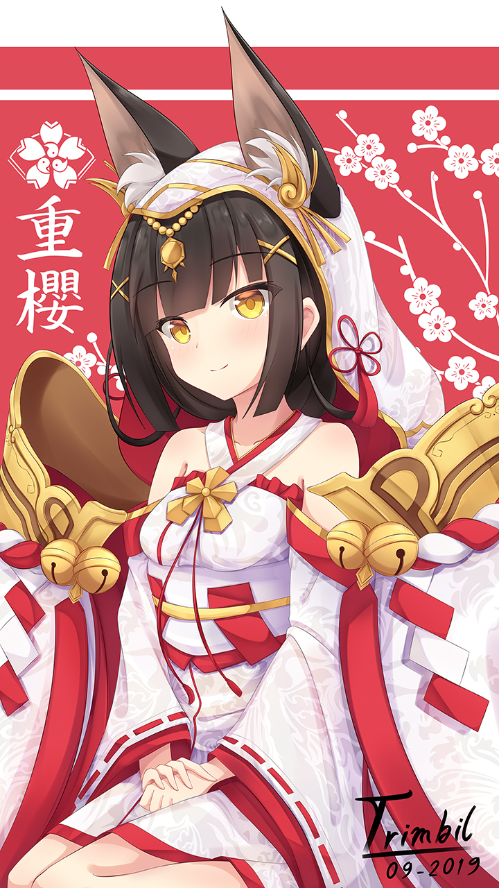 1girl animal_ears azur_lane bell bridal_veil cherry_blossom_print commentary detached_sleeves dress eyebrows_visible_through_hair floral_print fox_ears hair_ornament hairpin highres japanese_clothes kimono long_hair looking_at_viewer nagato_(azur_lane) nagato_(great_fox's_shiroshouzoku)_(azur_lane) obi sash seiza sitting smile solo translation_request trimbil tsunokakushi uchikake v_arms veil wedding_dress wide_sleeves