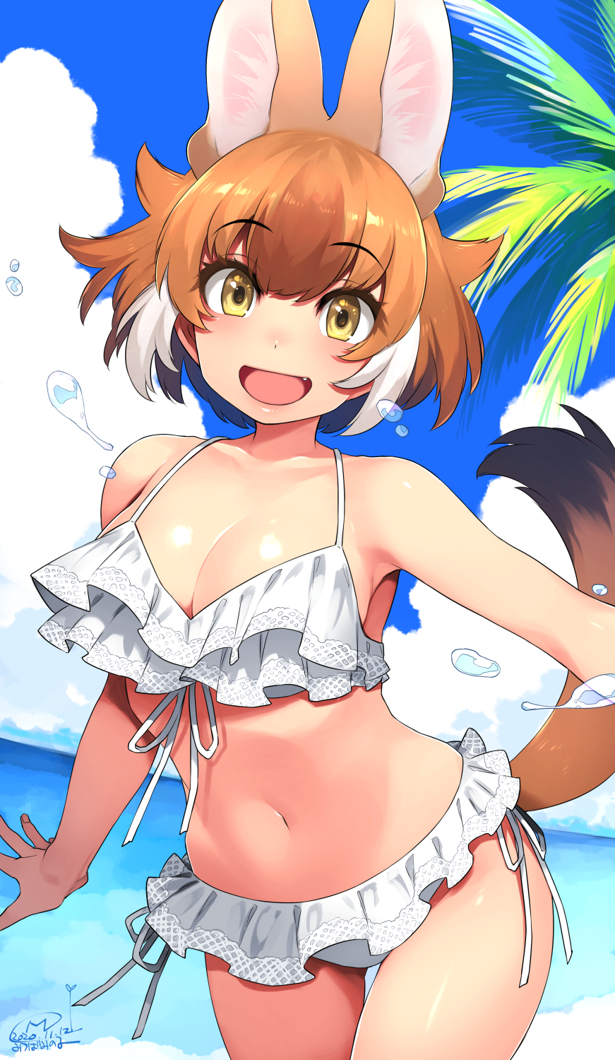 1girl :d animal_ear_fluff animal_ears bangs bare_shoulders beach bikini blue_sky breasts brown_hair clouds collarbone dated day dhole_(kemono_friends) dog_ears dutch_angle extra_ears eyebrows_visible_through_hair fang frilled_bikini frills front-tie_bikini front-tie_top happa_(cloverppd) highres kemono_friends large_breasts looking_at_viewer multicolored_hair navel ocean open_mouth outdoors palm_tree short_hair side-tie_bikini signature sky smile solo swimsuit tail thigh_gap tree two-tone_hair white_bikini white_hair yellow_eyes