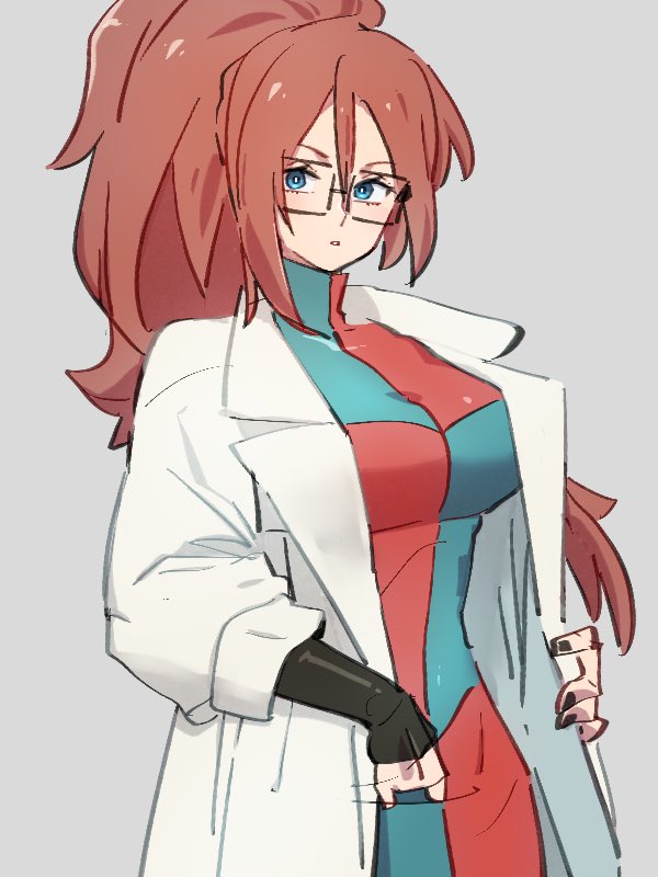 1girl alternate_hairstyle android_21 blue_eyes breasts checkered checkered_dress dragon_ball dragon_ball_fighterz dress glasses grey_background kemachiku labcoat long_hair long_sleeves looking_at_viewer medium_breasts ponytail simple_background solo