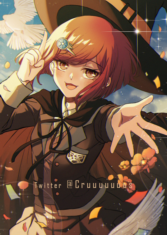 1girl bangs bird black_cape black_jacket brown_cape brown_eyes cape commentary_request criis-chan dangan_ronpa dove flower gem hair_ornament hairclip hand_up hat index_finger_raised jacket long_sleeves looking_at_viewer new_dangan_ronpa_v3 open_mouth outstretched_arm petals pleated_skirt red_flower redhead revision ribbon school_uniform shirt short_hair skirt smile solo witch_hat yumeno_himiko